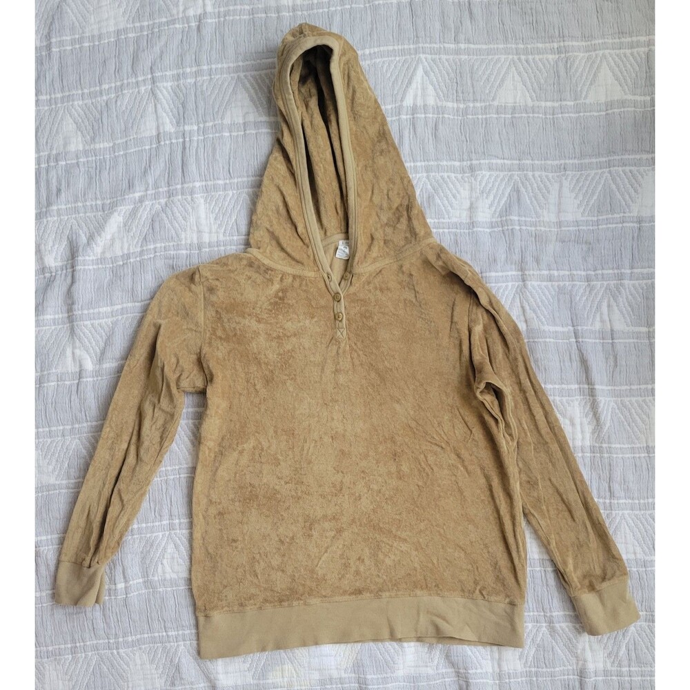 Kate Quinn Tan‎ Organic Cotton Terry Cloth Henley Hoodie Womens Medium